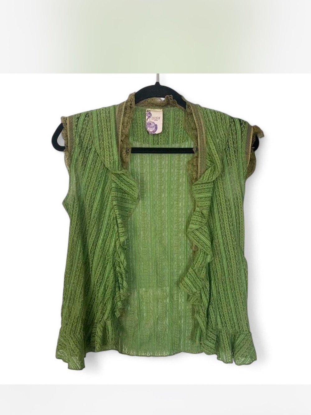 Luluh Paris vintage Green Sheer lace Ruffled Knit open camisole size M